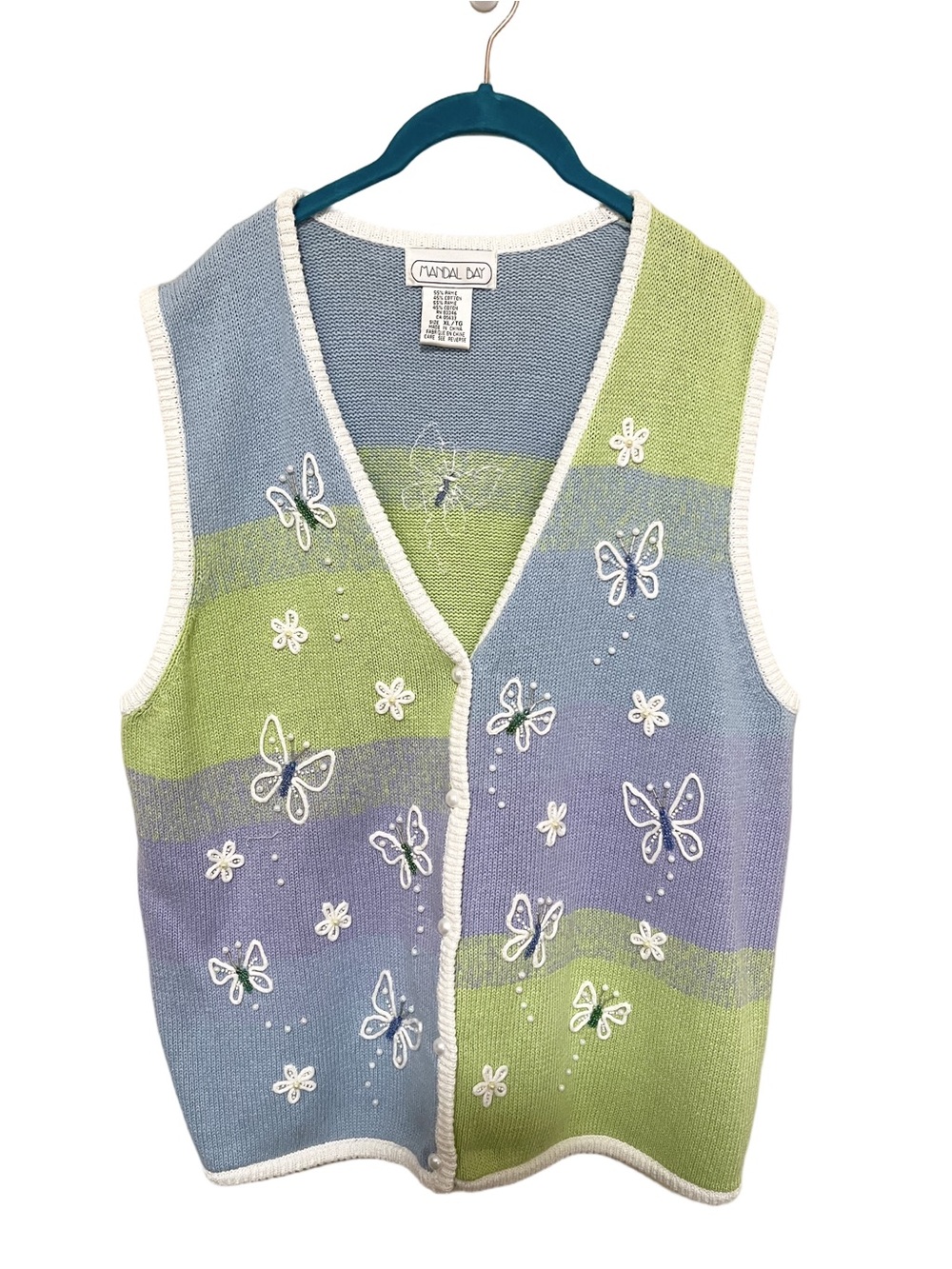 Vintage Mandal Bay XL Beaded Hand Crafted Butterfly Vest Cottage Grandma Spring